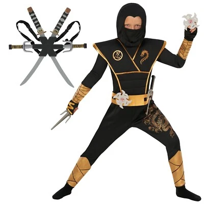 Disfraz de Ninja Dorado Negro de Lujo para Niños + Espadas de Juguete Niños Niñas Guerrero Halloween Foto 1 de 4