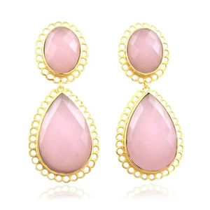 Pink Chalcedony, Beautiful Color Stud Dangle Earring, Gold Plated Earring - Picture 1 of 4