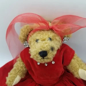 8 Zoll stilvolle Plüsch Teddybär rot Samt 60er Jahre Kleid Ohrringe Schleife Strass - Bild 1 von 12