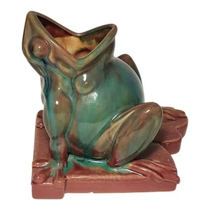 Frog Vase Planter Big Open Mouth On Lilly Pad Glazed Pottery Japan Crack Bottom - Picture 1 of 9