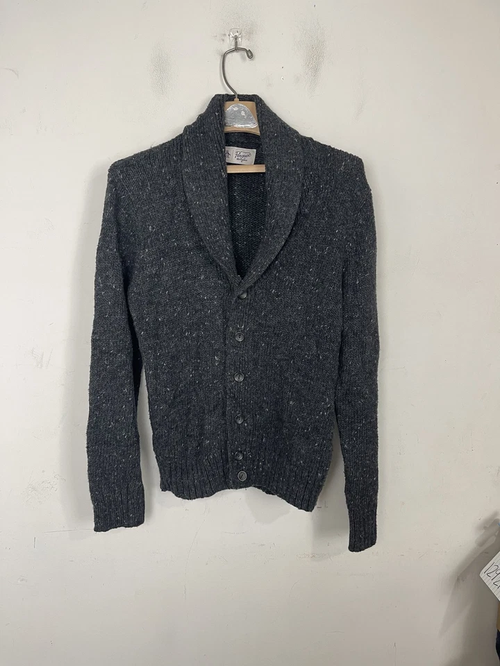 Cardigã masculino pinguim original suéter xale médio colarinho cinza escuro pai salpicado - Imagem 1 de 4