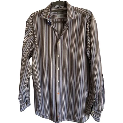 Thomas Dean Men's Large Brown Blue Tan Shirt Striped Button up Long Sleeve Fall - Image 1 of 4