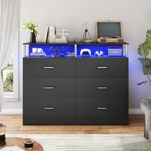 Black Dresser for Bedroom with 6 Drawers, Chests of Drawers with Column Design - Picture 1 of 7