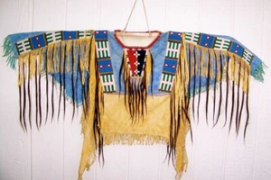 Old American Handmade Beige Buckskin Suede Beaded Powwow Regalia War Shirt  NS95 - Picture 1 of 3