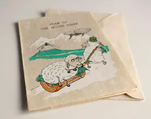 Handpainted Nepalese Lokta Paper Year Of the Wood Sheep Greeting Card - Picture 1 of 2