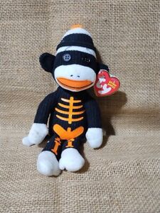 Ty Beanie Baby 9” TRICKS SOCK MONKEY Halloween Skeleton Orange Black Button Eyes