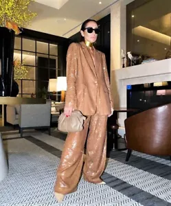 ZARA LIMITED EDITION LIGHT BROWN SEQUIN TROUSERS SIZE M - Picture 1 of 17