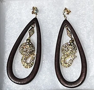 brown Wooden Earrings with Rhinestone Snake By Eva  Jeanbart Lorenzotti V - Picture 1 of 2