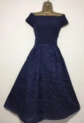 PRECIOSO VESTIDO MIDI COAST BARDOT AZUL MARINO JACQUARD FIT &FLARE OCASIÓN TALLA 12 Foto 1 de 4