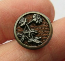 Lovely Small Antique~ Vtg Fabric Back Metal Perfume BUTTON w/ Flowers 1/2" (W)