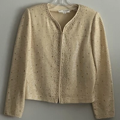 Chaqueta tejida St. John Evening para mujer talla 10 adornada dorada con pedrería de cristal Foto 1 de 4