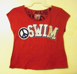Girls Sz 12 Justice Red Short Sleeve SWIM Shirt Silver Rhinestones Blue Sparkles - Picture 1 of 2