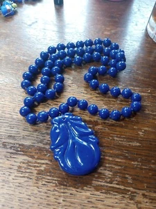 Vintage chinesischer kobaltblauer Glasimitat Lapislazuli Anhänger Perlen Halskette  - Bild 1 von 9