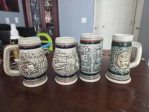 Lot of 4 Vintage Avon Mini Beer Stein Classic Cars Ships Planes Hunting - Picture 1 of 1