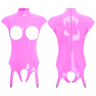 Womens Shiny Latex Leotard Open Cup Double Zipper Open Crotch Teddy Bodysuit - Image 1 of 3