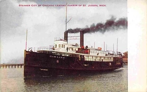 City of Chicago Steamer Leaving Harbor at St Joseph Michigan 1910c postcard - Picture 1 of 2