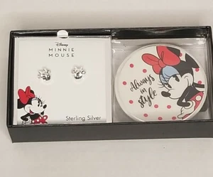 DISNEY Minnie Mouse Clear Crystal Sterling Silver Stud Earrings W/Trinket Dish - Picture 1 of 9