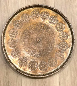 Antique Hand Tooled Tinned Copper Serving Tray - 14” - Picture 1 of 5