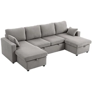 HOMCOM Divano Letto con 2 Chaise Longue Contenitore in Velluto a Coste Grigio - Foto 1 di 10