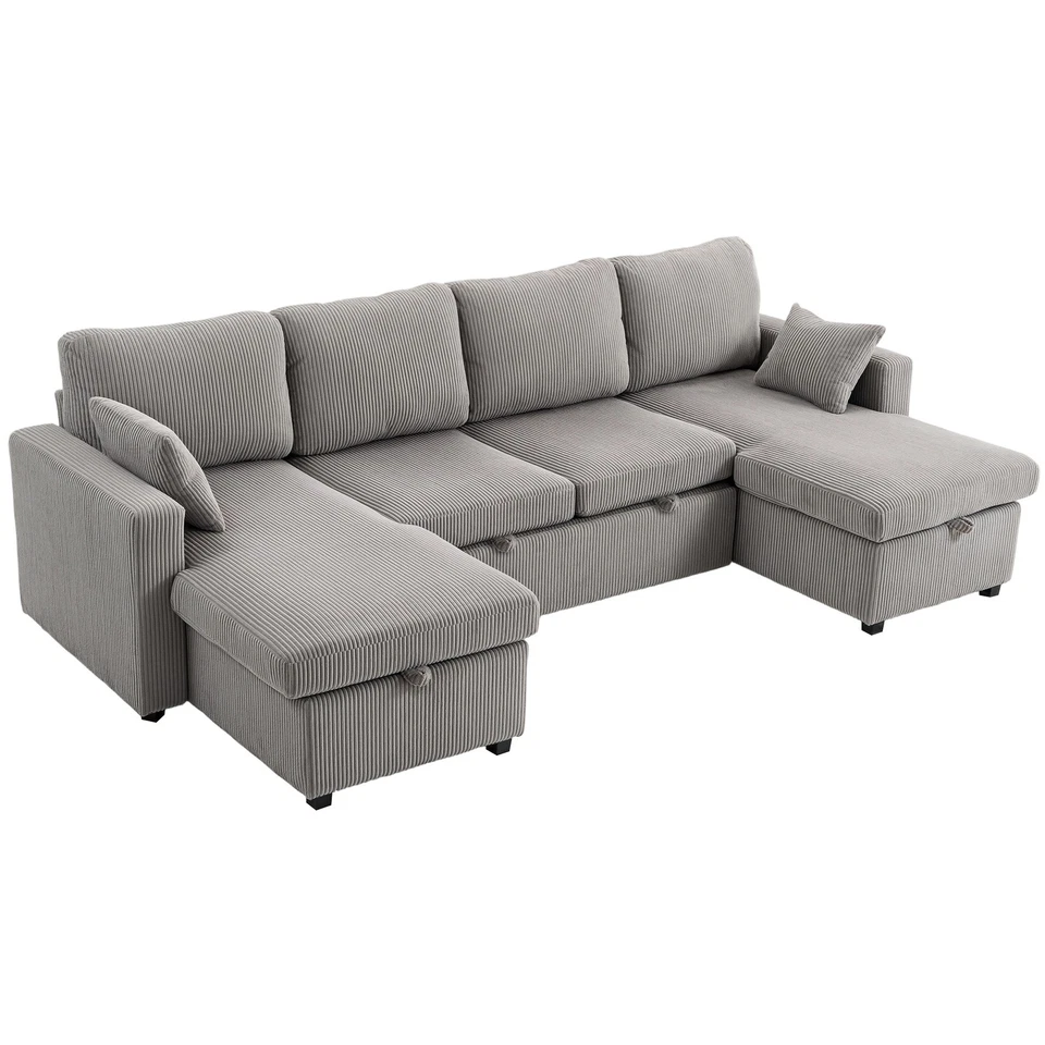 HOMCOM Divano Letto con 2 Chaise Longue Contenitore in Velluto a Coste Grigio - Immagine 1 di 4