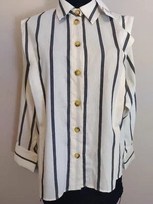 Camisa formal de negocios con cuello delantero plisada a rayas negras marfil de Zara para mujer talla L Foto 1 de 4