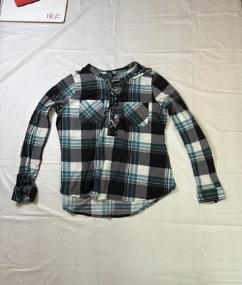 Blusa de franela Rue 21 para mujer, manga larga, verde azulado/negro, talla M Foto 1 de 4