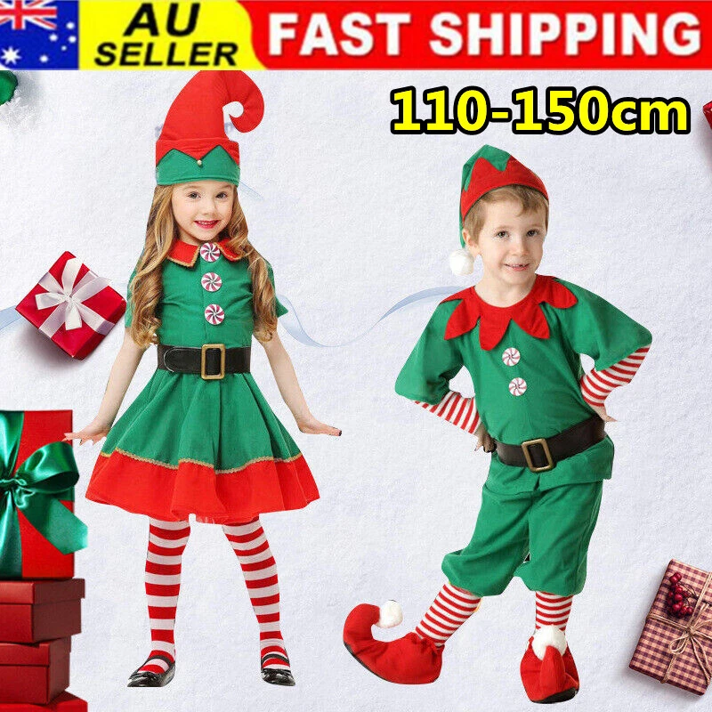 Kids Girls Boys Elf Costume Christmas Fancy Dress Xmas Santa Helper Outfit Gifts - image 1 of 4