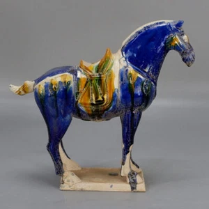 9" Chino Tang Tri-Color Esmaltado Cerámica Azul Caballo de Guerra Porcelana Estatua Regalo - Imagen 1 de 11
