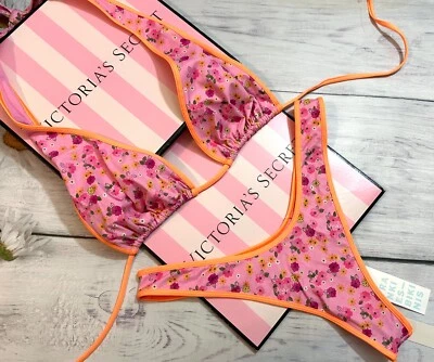 Frankie’s Bikinis Diana Halter Top Bikini Thong Set Floral Pink Orange Trim XL - Image 1 of 4