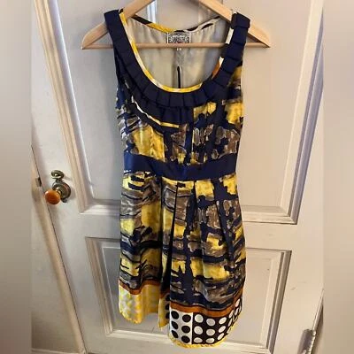 Baraschi Isla Dora Anthropologie silk blue and yellow dress flounce neck size 2 - Image 1 of 4