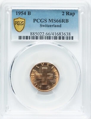 Switzerland - 1954-B 2 Rappen - PCGS MS66RB -RARE - ONLY 3 GRADED & ONLY 1 FINER - Image 1 of 3