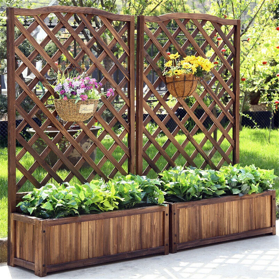 Rustic Wooden Raised Garden Bed Vegetable Planter Grid Box with Climbing Trellis - Image 1 of 4