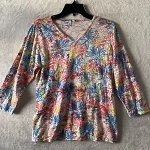 Lulu B Womans Blouse Top Multicolor Floral Medium 3/4 Sleeve Cotton Blend V Neck - Picture 1 of 10