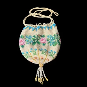 Vintage Münztasche Geldbörse mit Perlen Blumen Kordelzug - Bild 1 von 11