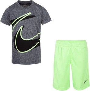 Nike Dri-FIT T-Shirt & Shorts Boy's Kid's Set Grey/Black/Neon Green Size 6 Youth - Picture 1 of 3