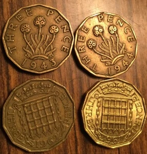 1943 1944 1962 1967 LOT OF 4 UK GB GREAT BRITAIN THREEPENCE COINS - Picture 1 of 2