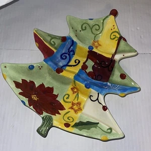 CORSICA Holiday Quilt Christmas Tree Shaped Divided Serving Dish Tray Platter - Picture 1 of 3