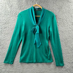 Jacqui E Womens Blouse Jumper Top Size S Green Wool Blend Long Sleeve Tie Collar - Picture 1 of 11