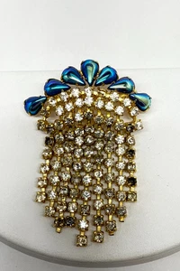 Vintage rhinestones Dangle Brooch blue iridescent stones Jellyfish unsigned - Picture 1 of 5