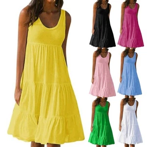 Damen Ärmellos Minikleid Sommerkleid A-Line Urlaub Freizeitkleid Strandkleid>| - Bild 1 von 19