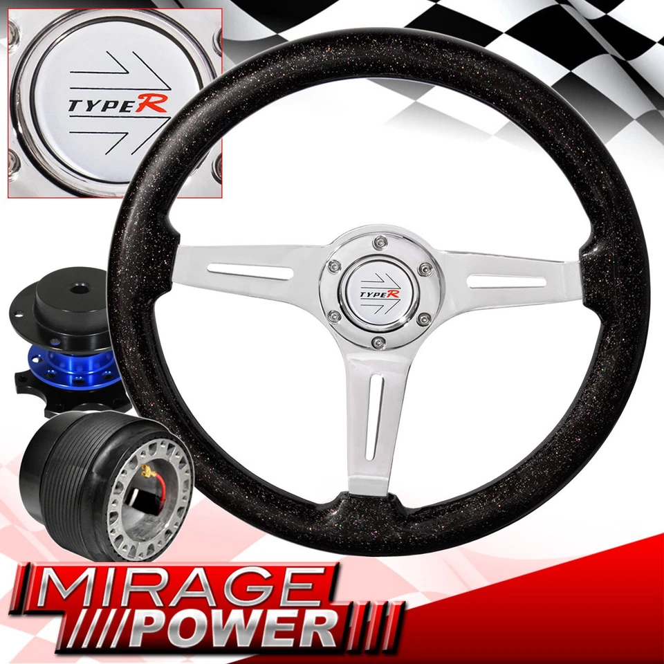 Metallic Black Deep Dish Steering Wheel + Blue Quick Release For 86-89 Integra - Image 1 of 4