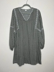 Old Navy Black Swing Dress Floral Boho Cottage Prairie Long Sleeve Vneck Large - Picture 1 of 7