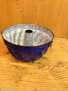Cobalt Blue/Grey Spatter Enamelware Swirl Pudding Mold Fluted Pan ~Vintage ~EN15 - Picture 1 of 7