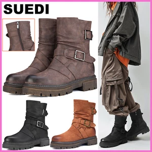 SUEDI Women Motorcycle Boots Double Strap Biker Boot Platform Zipper Combat Boot - Picture 1 of 51