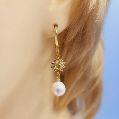 Peridot Pearl Lever-backs, Cubic Zirconia, Gold Plated, Semi Precious, Handmade - Image 1 of 4