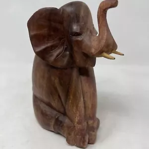 Wooden Hand Carved Elephant Sitting Statue Figurine Sculpture Art Decor 7.5 in. - Picture 1 of 18