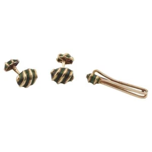 Tiffany & Co. Schlumberger Olive Green Enamel & 18K Gold Cufflinks and Tie Bar - Picture 1 of 12