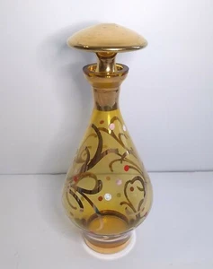 Vtg Bohemian Amber Glass Decanter Bottle Gilded Gold Trim Hand Painted 9.5" - Picture 1 of 11