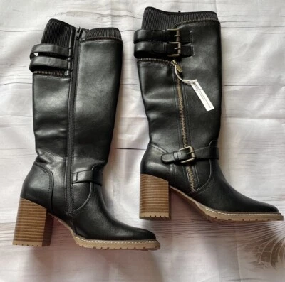 NUEVO CON ETIQUETAS Botas de Montar White Mountain Negras Imitación Cuero Para Mujer’s 6M Vegano Tacón Bloque Foto 1 de 4