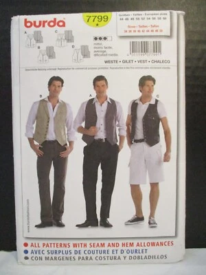 Burda Pattern 7799 Men's Sizes 34"-50" Semi-Fitted Vests Collar & Pocket Var - Image 1 of 4